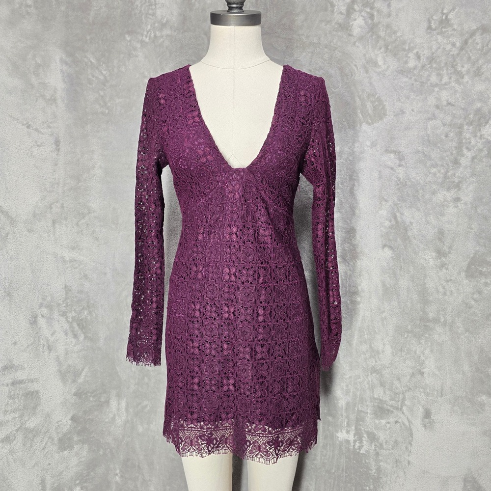 Whimsigoth Free People Dress Womens 0 Purple Lace Open Back Tie Mini Long Sleeve